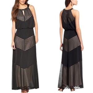London Times Betsy Knit Black Chevron Ilusión Halter Keyhole Lined Maxi Dress 4